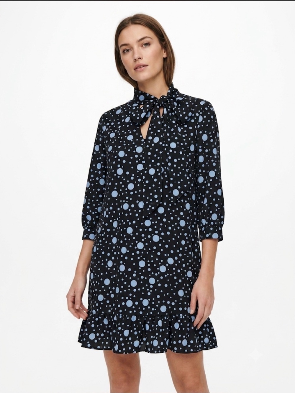 Who What Wear Black Polka Dot Dress Size Small – Bow Tie Neck, Ruffle Hem